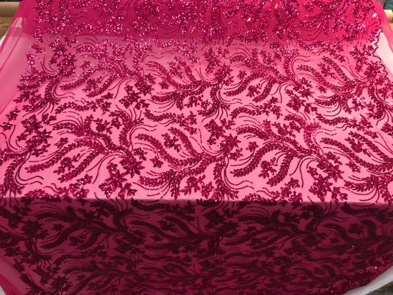 New Design Fuchsia Embroidered 4 Way Stretch Sequin Mesh Lace Fabric Sold By The YardICE FABRICSICE FABRICSNew Design Fuchsia Embroidered 4 Way Stretch Sequin Mesh Lace Fabric Sold By The Yard ICE FABRICS