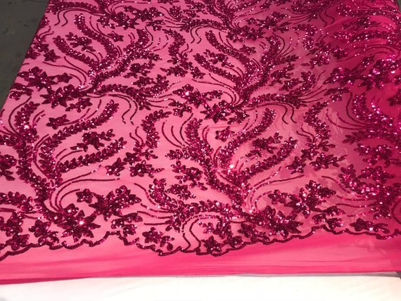New Design Fuchsia Embroidered 4 Way Stretch Sequin Mesh Lace Fabric Sold By The YardICE FABRICSICE FABRICSNew Design Fuchsia Embroidered 4 Way Stretch Sequin Mesh Lace Fabric Sold By The Yard ICE FABRICS