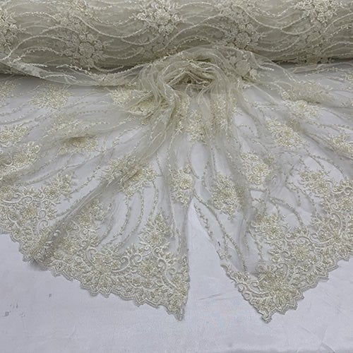 New Paris Heavy Fashion Embroidery Flowers Beaded Prom Mesh Lace FabricICEFABRICICE FABRICSIvoryNew Paris Heavy Fashion Embroidery Flowers Beaded Prom Mesh Lace Fabric ICEFABRIC