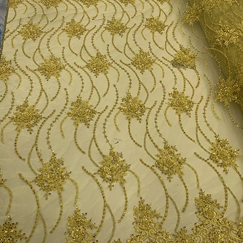 New Paris Heavy Fashion Embroidery Flowers Beaded Prom Mesh Lace FabricICEFABRICICE FABRICSYellowNew Paris Heavy Fashion Embroidery Flowers Beaded Prom Mesh Lace Fabric ICEFABRIC