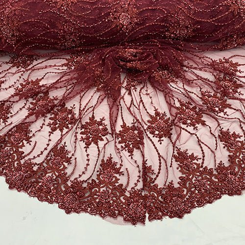 New Paris Heavy Fashion Embroidery Flowers Beaded Prom Mesh Lace FabricICEFABRICICE FABRICSBurgundyNew Paris Heavy Fashion Embroidery Flowers Beaded Prom Mesh Lace Fabric ICEFABRIC