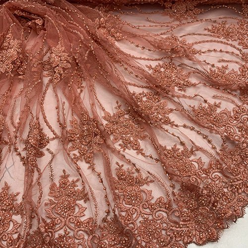 New Paris Heavy Fashion Embroidery Flowers Beaded Prom Mesh Lace FabricICEFABRICICE FABRICSCoralNew Paris Heavy Fashion Embroidery Flowers Beaded Prom Mesh Lace Fabric ICEFABRIC