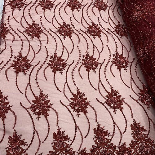 New Paris Heavy Fashion Embroidery Flowers Beaded Prom Mesh Lace FabricICEFABRICICE FABRICSBurgundyNew Paris Heavy Fashion Embroidery Flowers Beaded Prom Mesh Lace Fabric ICEFABRIC