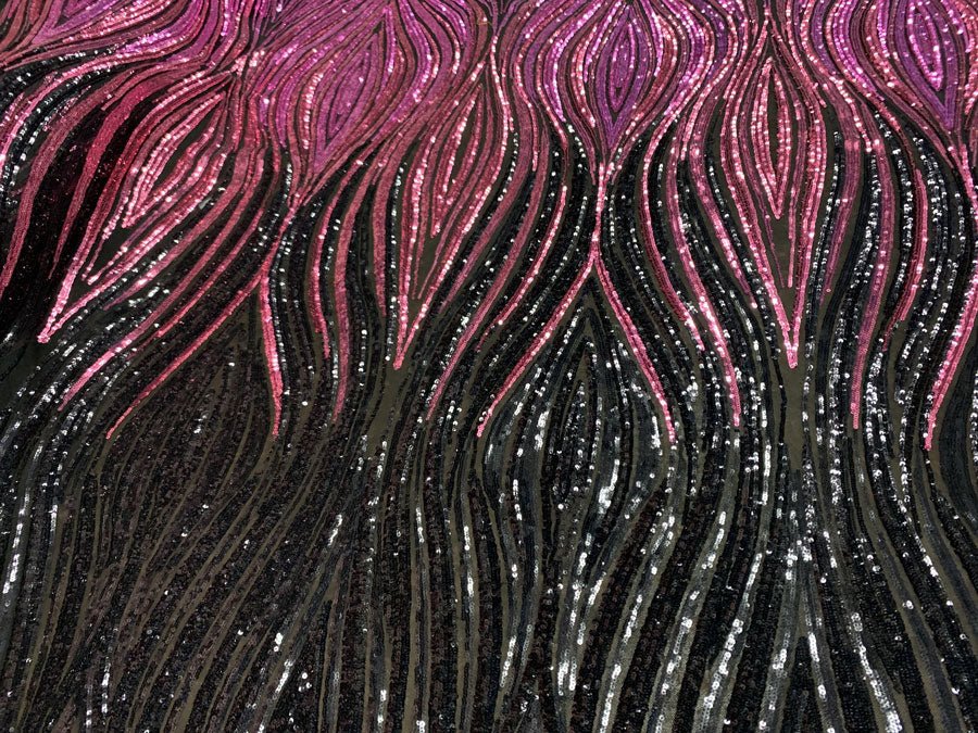 New Wavy Geometric Prom 4 Way Stretch Sequins Fabric by the YardICEFABRICICE FABRICSFuchsia On Black Mesh1 YARDNew Wavy Geometric Prom 4 Way Stretch Sequins Fabric by the Yard ICEFABRIC