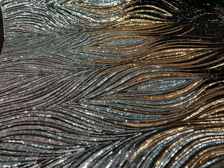 New Wavy Geometric Prom 4 Way Stretch Sequins Fabric by the YardICEFABRICICE FABRICSBlack Gold Sage Silver On Black Mesh1 YARDNew Wavy Geometric Prom 4 Way Stretch Sequins Fabric by the Yard ICEFABRIC