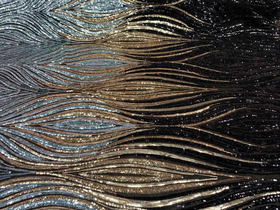 New Wavy Geometric Prom 4 Way Stretch Sequins Fabric by the YardICEFABRICICE FABRICSBlack Gold Sage Silver On Black Mesh1 YARDNew Wavy Geometric Prom 4 Way Stretch Sequins Fabric by the Yard ICEFABRIC