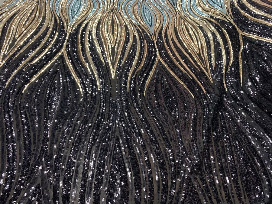 New Wavy Geometric Prom 4 Way Stretch Sequins Fabric by the YardICEFABRICICE FABRICSBlack Gold Sage Silver On Black Mesh1 YARDNew Wavy Geometric Prom 4 Way Stretch Sequins Fabric by the Yard ICEFABRIC