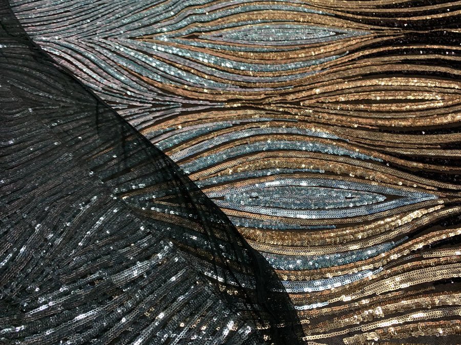 New Wavy Geometric Prom 4 Way Stretch Sequins Fabric by the YardICEFABRICICE FABRICSBlack Gold Sage Silver On Black Mesh1 YARDNew Wavy Geometric Prom 4 Way Stretch Sequins Fabric by the Yard ICEFABRIC