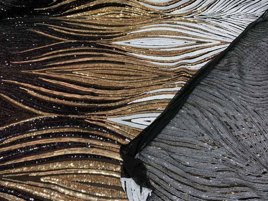 New Wavy Geometric Prom 4 Way Stretch Sequins Fabric by the YardICEFABRICICE FABRICSWhite Gold Black On Black Mesh1 YARDNew Wavy Geometric Prom 4 Way Stretch Sequins Fabric by the Yard ICEFABRIC