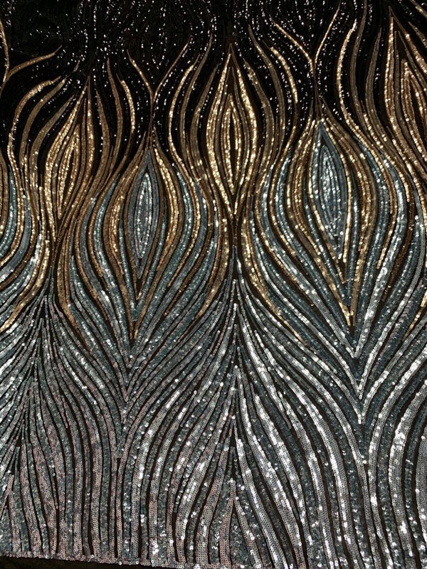 New Wavy Geometric Prom 4 Way Stretch Sequins Fabric by the YardICEFABRICICE FABRICSBlack Gold Sage Silver On Black Mesh1 YARDNew Wavy Geometric Prom 4 Way Stretch Sequins Fabric by the Yard ICEFABRIC