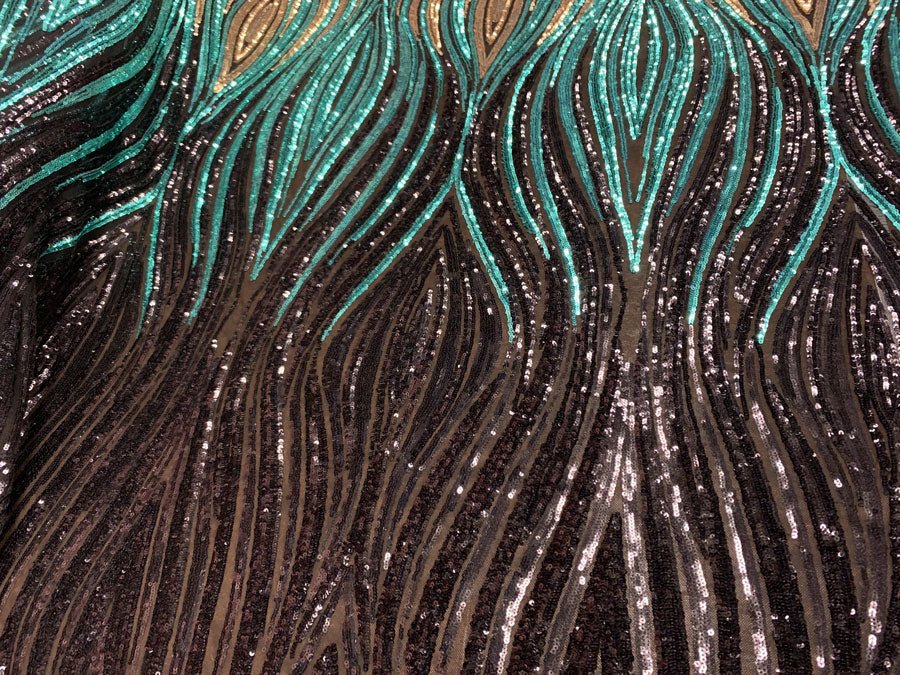 New Wavy Geometric Prom 4 Way Stretch Sequins Fabric by the YardICEFABRICICE FABRICSBlack Gold Green On Black Mesh1 YARDNew Wavy Geometric Prom 4 Way Stretch Sequins Fabric by the Yard ICEFABRIC