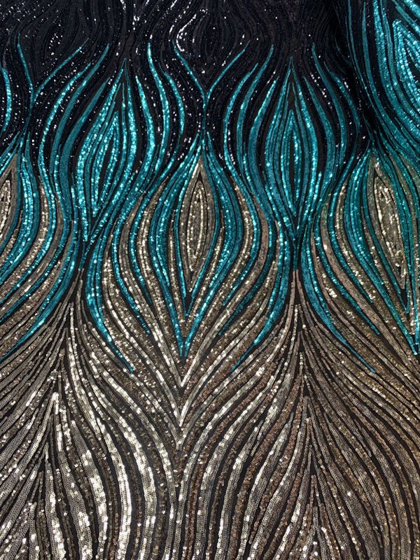 New Wavy Geometric Prom 4 Way Stretch Sequins Fabric by the YardICEFABRICICE FABRICSBlack Gold Green On Black Mesh1 YARDNew Wavy Geometric Prom 4 Way Stretch Sequins Fabric by the Yard ICEFABRIC