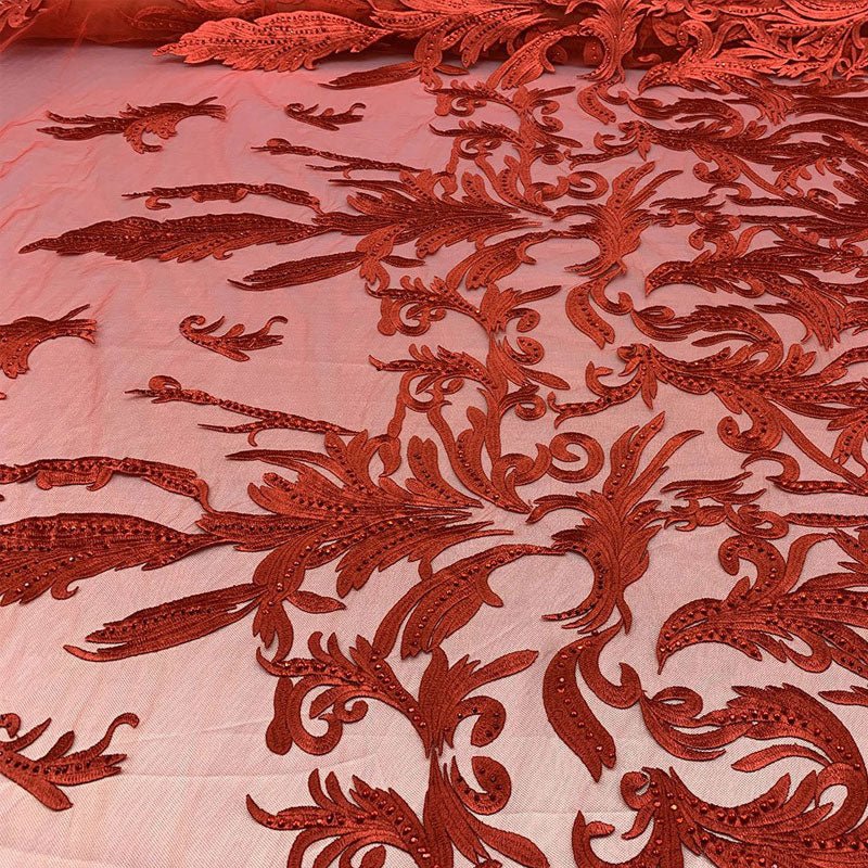 One Yard Mesh Lace Embroidered Fabric Leafs DesignICEFABRICICE FABRICSRedOne Yard Mesh Lace Embroidered Fabric Leafs Design ICEFABRIC