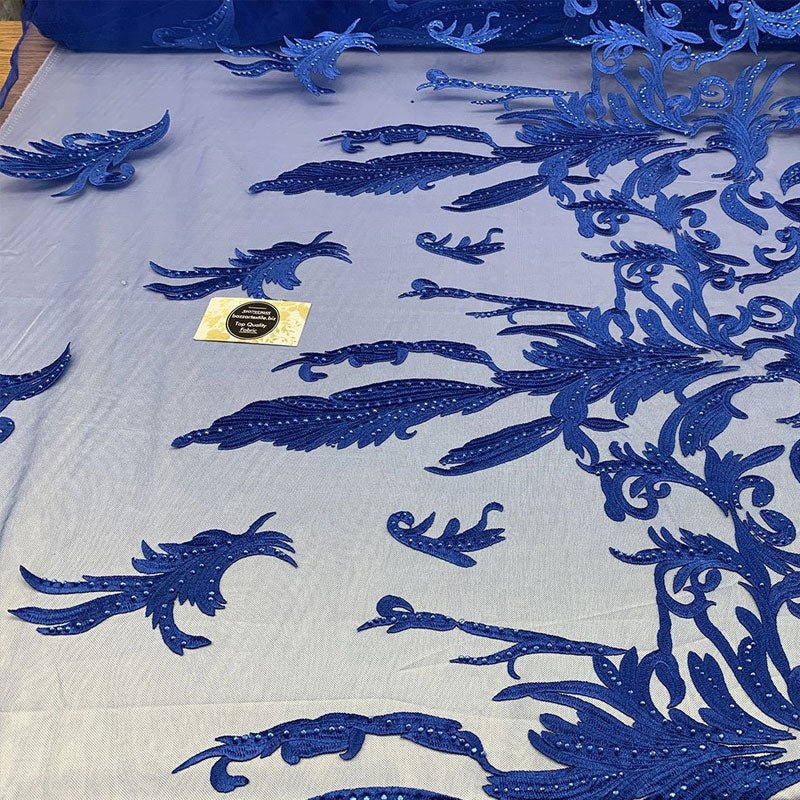 One Yard Mesh Lace Embroidered Fabric Leafs DesignICEFABRICICE FABRICSRoyal BlueOne Yard Mesh Lace Embroidered Fabric Leafs Design ICEFABRIC