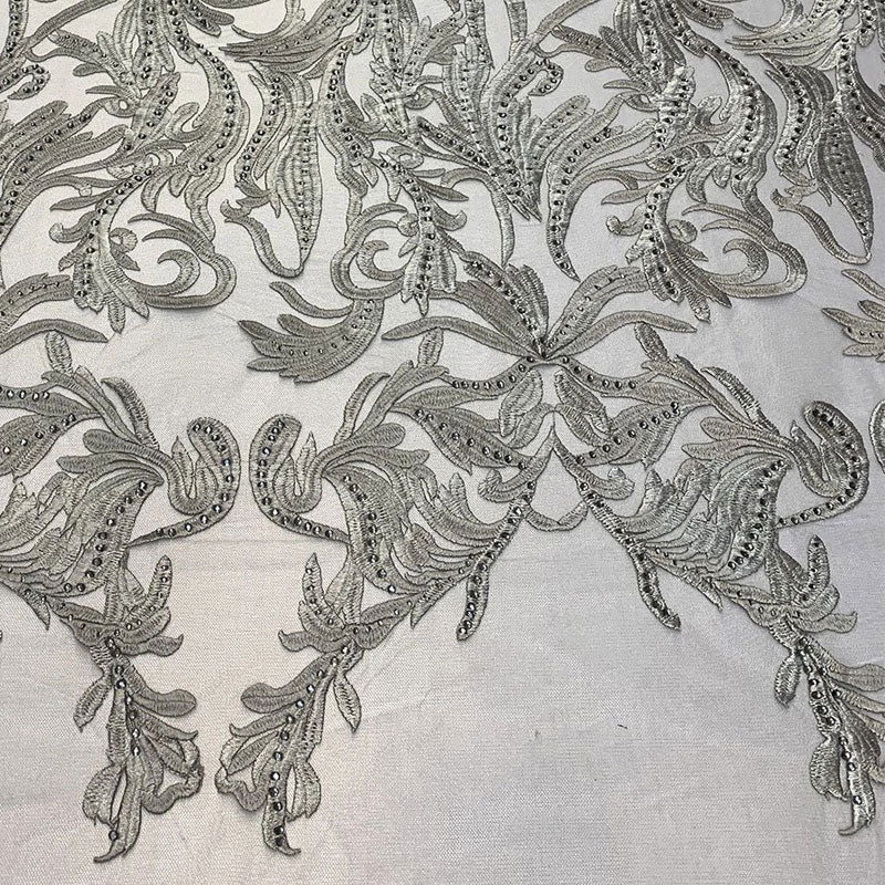 One Yard Mesh Lace Embroidered Fabric Leafs DesignICEFABRICICE FABRICSGray/SilverOne Yard Mesh Lace Embroidered Fabric Leafs Design ICEFABRIC