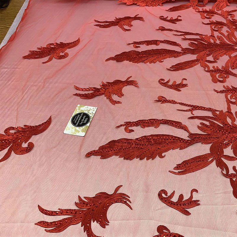 One Yard Mesh Lace Embroidered Fabric Leafs DesignICEFABRICICE FABRICSRedOne Yard Mesh Lace Embroidered Fabric Leafs Design ICEFABRIC