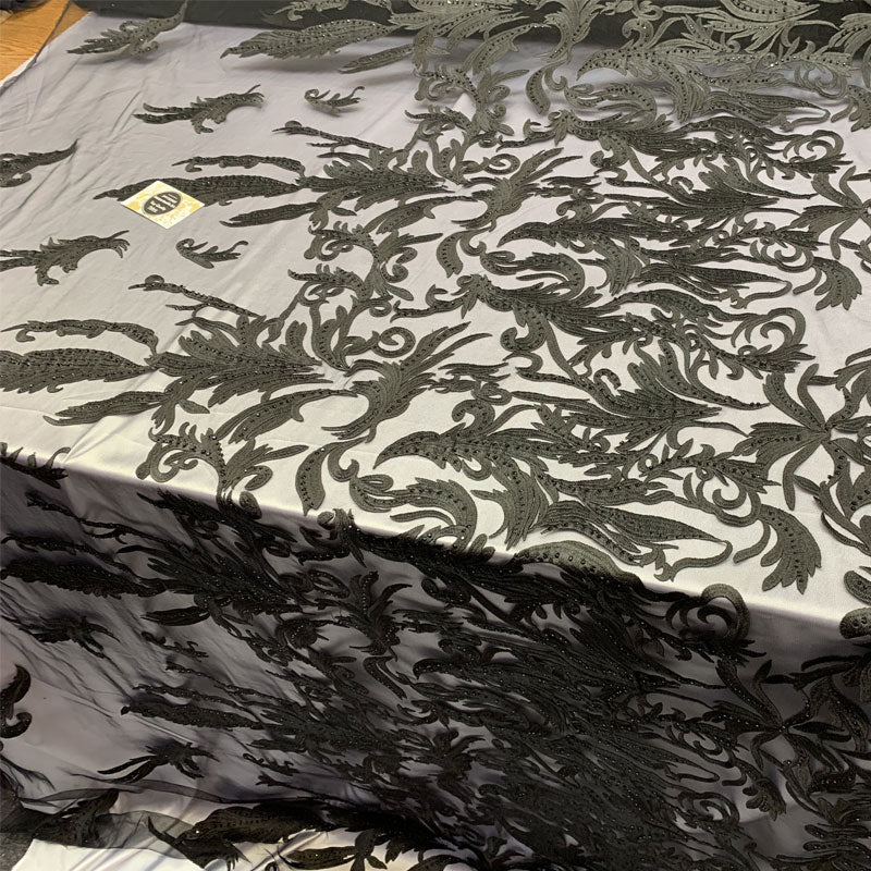 One Yard Mesh Lace Embroidered Fabric Leafs DesignICEFABRICICE FABRICSBlackOne Yard Mesh Lace Embroidered Fabric Leafs Design ICEFABRIC