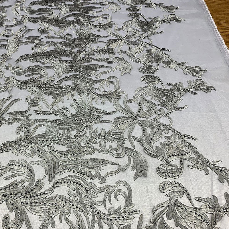 One Yard Mesh Lace Embroidered Fabric Leafs DesignICEFABRICICE FABRICSGray/SilverOne Yard Mesh Lace Embroidered Fabric Leafs Design ICEFABRIC