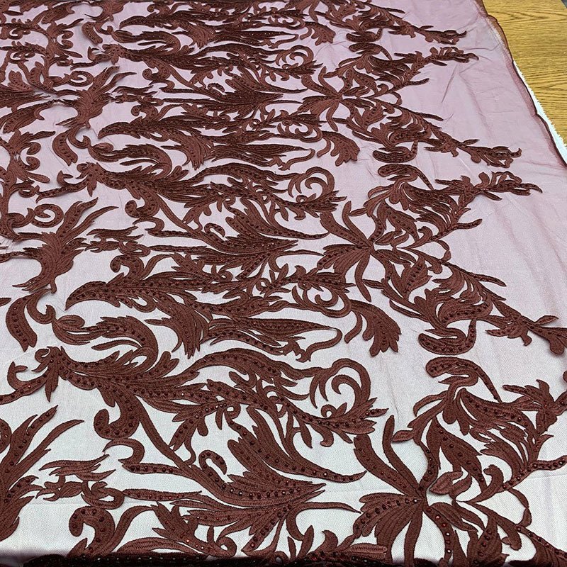 One Yard Mesh Lace Embroidered Fabric Leafs DesignICEFABRICICE FABRICSBurgundyOne Yard Mesh Lace Embroidered Fabric Leafs Design ICEFABRIC