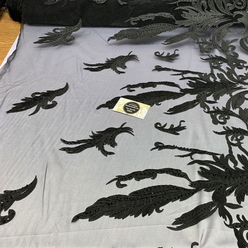 One Yard Mesh Lace Embroidered Fabric Leafs DesignICEFABRICICE FABRICSBlackOne Yard Mesh Lace Embroidered Fabric Leafs Design ICEFABRIC