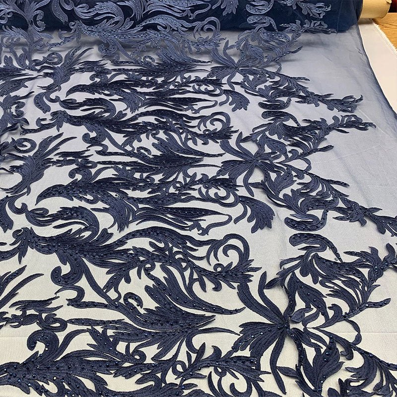 One Yard Mesh Lace Embroidered Fabric Leafs DesignICEFABRICICE FABRICSNavy BlueOne Yard Mesh Lace Embroidered Fabric Leafs Design ICEFABRIC