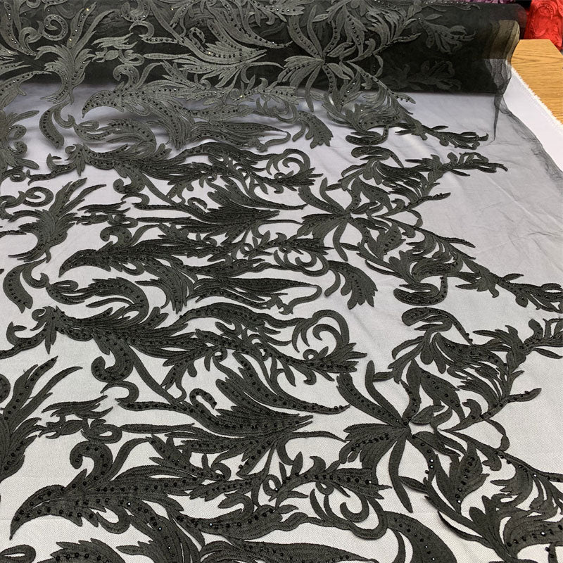 One Yard Mesh Lace Embroidered Fabric Leafs DesignICEFABRICICE FABRICSBlackOne Yard Mesh Lace Embroidered Fabric Leafs Design ICEFABRIC