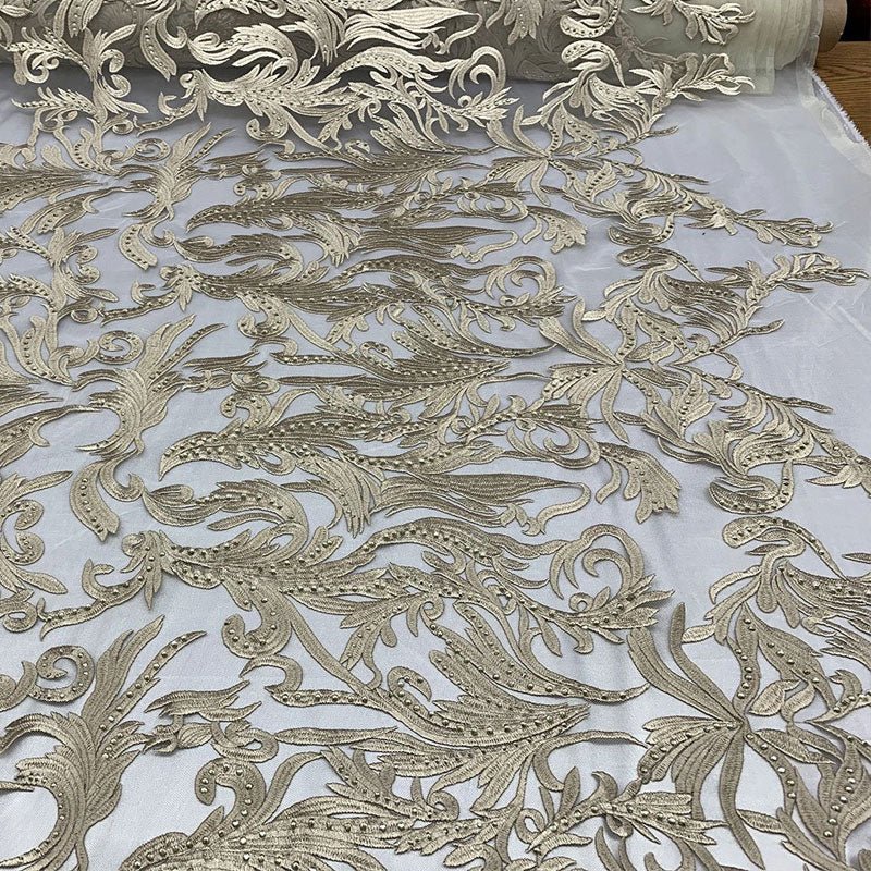 One Yard Mesh Lace Embroidered Fabric Leafs DesignICEFABRICICE FABRICSChampagneOne Yard Mesh Lace Embroidered Fabric Leafs Design ICEFABRIC