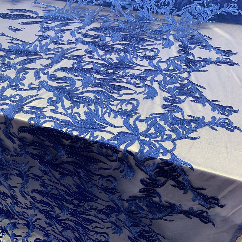 One Yard Mesh Lace Embroidered Fabric Leafs DesignICEFABRICICE FABRICSRoyal BlueOne Yard Mesh Lace Embroidered Fabric Leafs Design ICEFABRIC