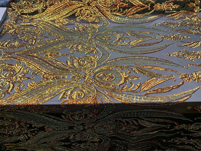 Orange On A Black Mesh Elegant Stretch Sequin Fabric_ Lace FabricICEFABRICICE FABRICSOrange On A Black MeshPer YardOrange On A Black Mesh Elegant Stretch Sequin Fabric_ Lace Fabric ICEFABRIC