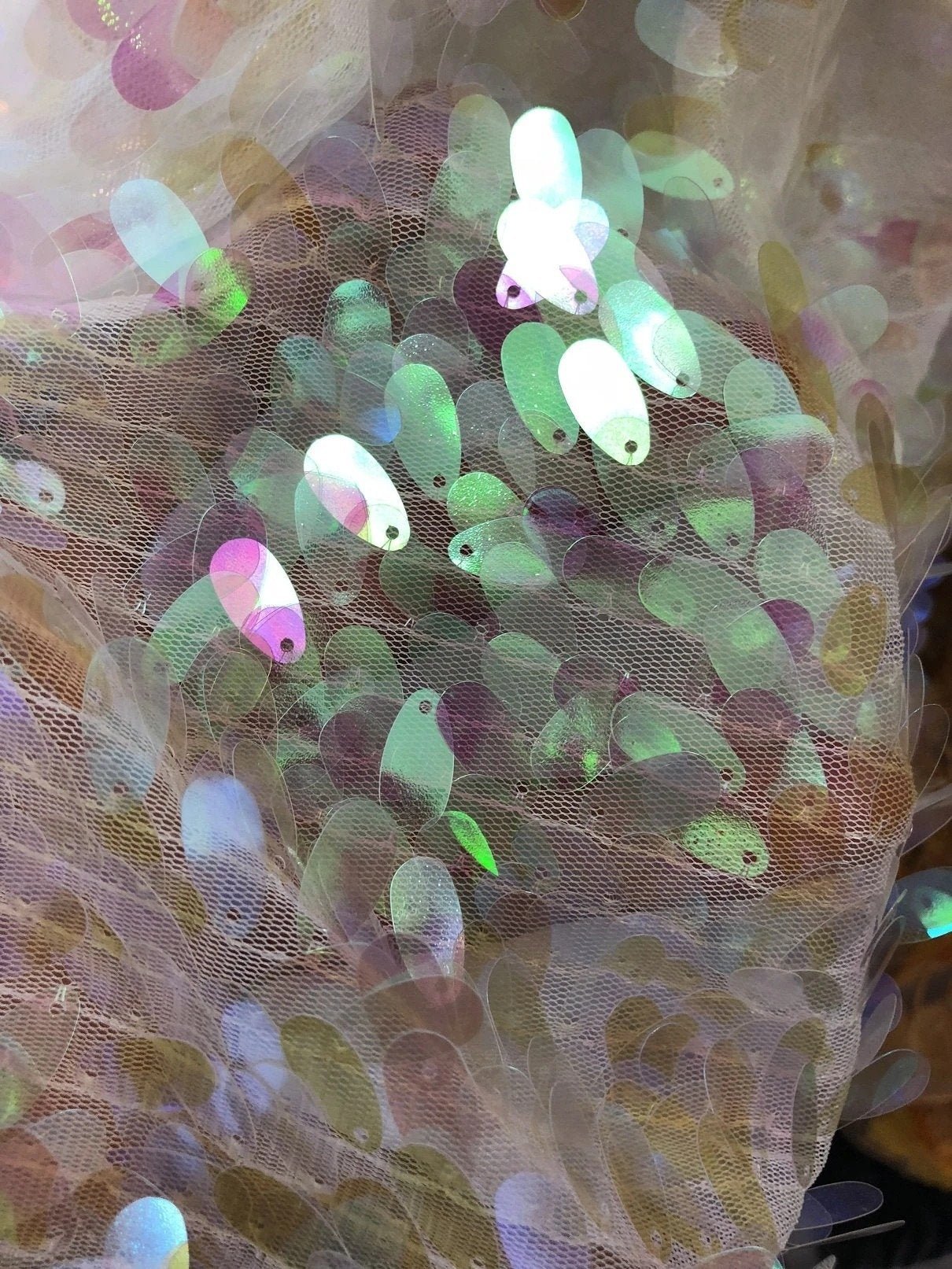 Oval Tear Sequin Mermaid Fabric Iridescent FabricICEFABRICICE FABRICSIvory/PinkOval Tear Sequin Mermaid Fabric Iridescent Fabric ICEFABRIC