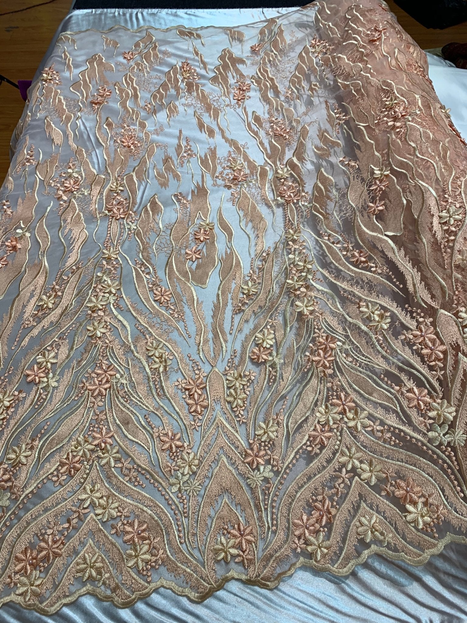 Peach_3D FLOWERS Hand Beaded Mesh Lace Fabric Embroidery Lace Fabric By The Yard/Floral Embroidered Handmade/Gowns/ Dress/ Tablecloths/ICEFABRICICE FABRICSPeach_3D FLOWERS Hand Beaded Mesh Lace Fabric Embroidery Lace Fabric By The Yard/Floral Embroidered Handmade/Gowns/ Dress/ Tablecloths/ ICEFABRIC