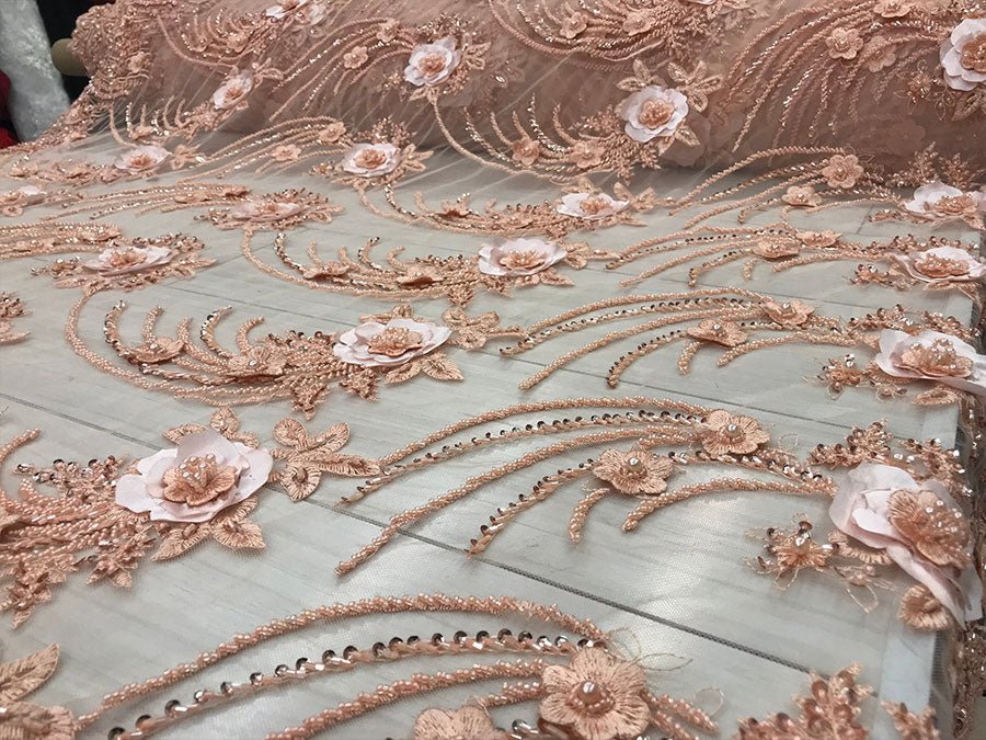 Peach Beaded Bridal Mesh Lace with Sequins Fabric For Wedding Fashion DressICE FABRICSICE FABRICSPeach Beaded Bridal Mesh Lace with Sequins Fabric For Wedding Fashion Dress ICE FABRICS