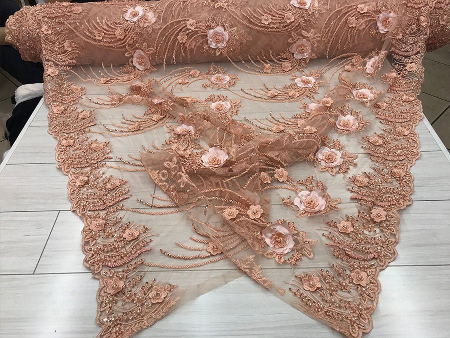 Peach Beaded Bridal Mesh Lace with Sequins Fabric For Wedding Fashion DressICE FABRICSICE FABRICSPeach Beaded Bridal Mesh Lace with Sequins Fabric For Wedding Fashion Dress ICE FABRICS