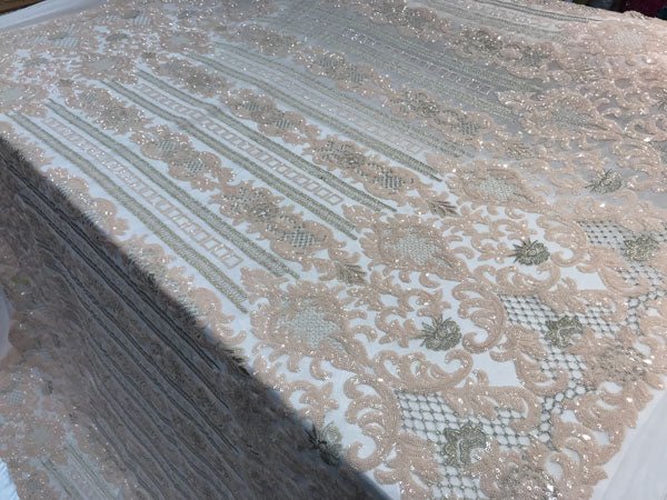 Peach New Elegant Design Full Embroidered Sequin 4 Way Stretch Fabric Sold By The YardICE FABRICSICE FABRICSPeach New Elegant Design Full Embroidered Sequin 4 Way Stretch Fabric Sold By The Yard ICE FABRICS