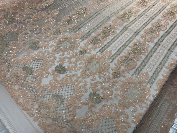 Peach New Elegant Design Full Embroidered Sequin 4 Way Stretch Fabric Sold By The YardICE FABRICSICE FABRICSPeach New Elegant Design Full Embroidered Sequin 4 Way Stretch Fabric Sold By The Yard ICE FABRICS