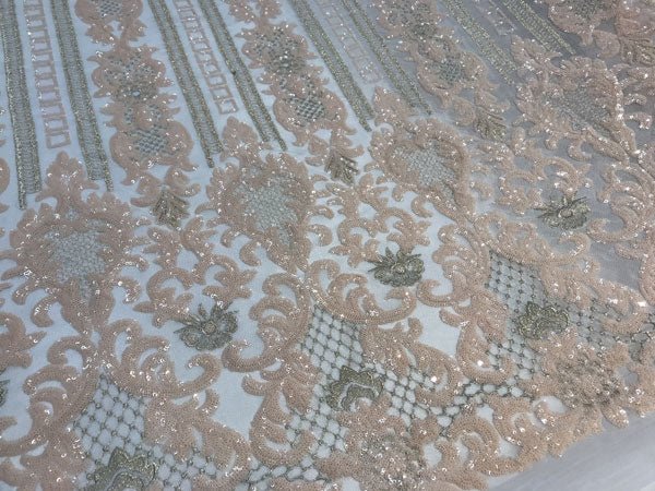 Peach New Elegant Design Full Embroidered Sequin 4 Way Stretch Fabric Sold By The YardICE FABRICSICE FABRICSPeach New Elegant Design Full Embroidered Sequin 4 Way Stretch Fabric Sold By The Yard ICE FABRICS