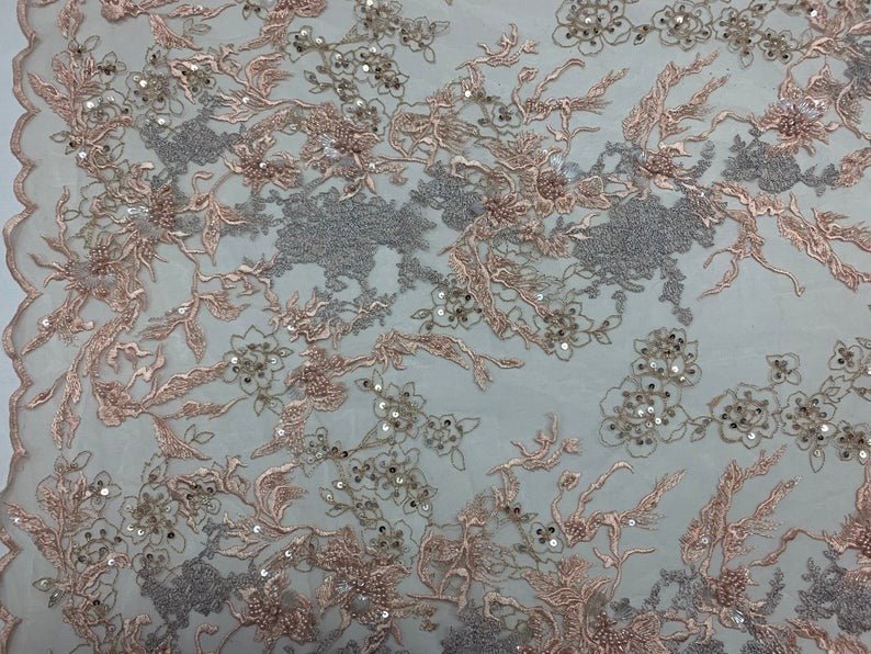 Peach Sequin Floral Bridal Fabric/ Beaded Fabric/ 3D Lace FabricICE FABRICSICE FABRICSPeach Sequin Floral Bridal Fabric/ Beaded Fabric/ 3D Lace Fabric ICE FABRICS