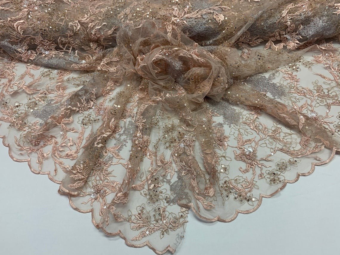 Peach Sequin Floral Bridal Fabric/ Beaded Fabric/ 3D Lace FabricICE FABRICSICE FABRICSPeach Sequin Floral Bridal Fabric/ Beaded Fabric/ 3D Lace Fabric ICE FABRICS
