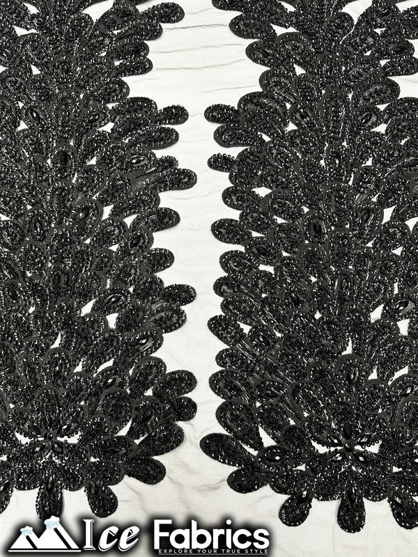 Peacock Feather Embroidered Beaded FabricICE FABRICSICE FABRICSBlack12" Length 58" WidePeacock Feather Embroidered Beaded Fabric ICE FABRICS