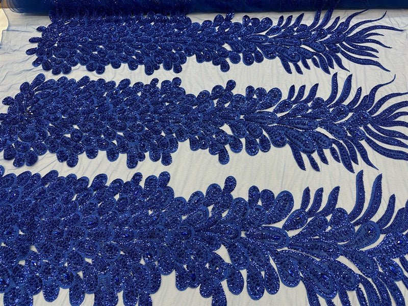 Peacock Feather Embroidered Beaded FabricICE FABRICSICE FABRICSRoyal Blue12" Length 58" WidePeacock Feather Embroidered Beaded Fabric ICE FABRICS