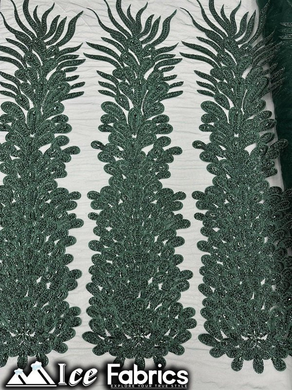 Peacock Feather Embroidered Beaded FabricICE FABRICSICE FABRICSHunter Green12" Length 58" WidePeacock Feather Embroidered Beaded Fabric ICE FABRICS