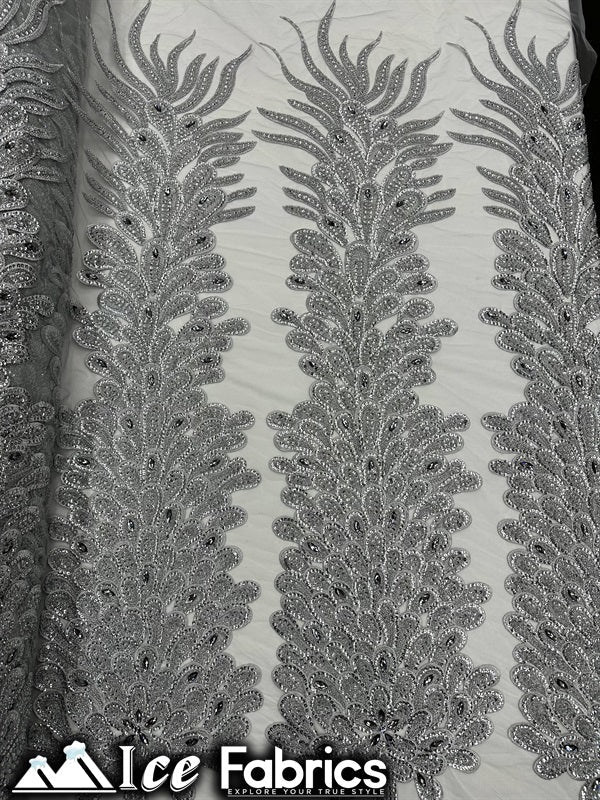 Peacock Feather Embroidered Beaded FabricICE FABRICSICE FABRICSSilver12" Length 58" WidePeacock Feather Embroidered Beaded Fabric ICE FABRICS