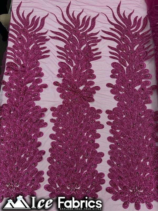 Peacock Feather Embroidered Beaded FabricICE FABRICSICE FABRICSHot Pink12" Length 58" WidePeacock Feather Embroidered Beaded Fabric ICE FABRICS