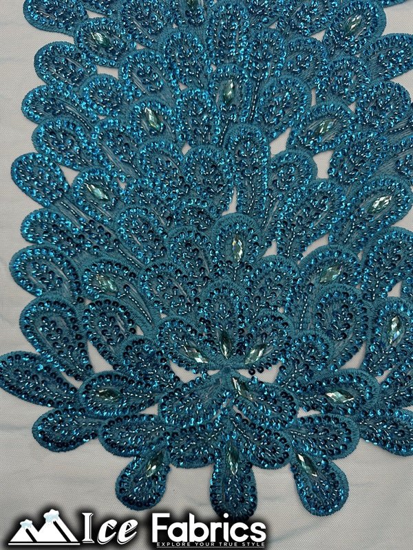 Peacock Feather Embroidered Beaded FabricICE FABRICSICE FABRICSTurquoise12" Length 58" WidePeacock Feather Embroidered Beaded Fabric ICE FABRICS