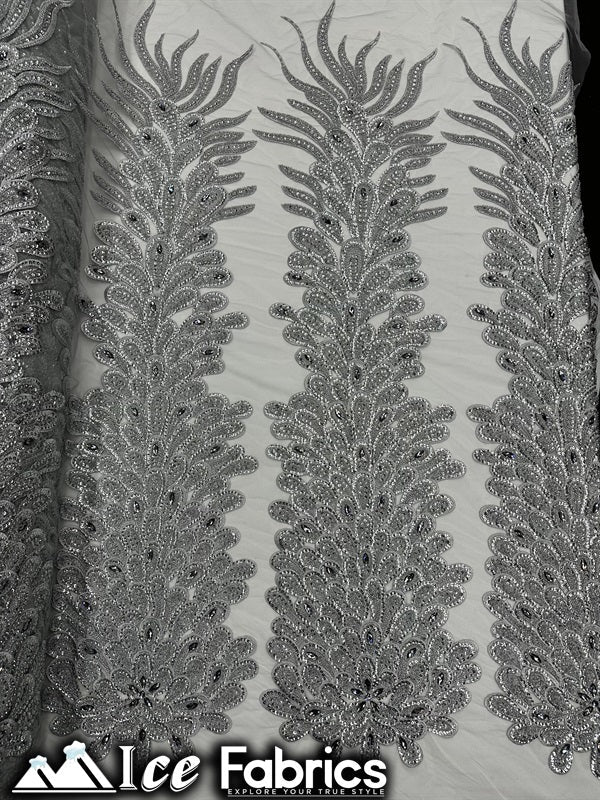 Peacock Feather Embroidered Beaded FabricICE FABRICSICE FABRICSGray12" Length 58" WidePeacock Feather Embroidered Beaded Fabric ICE FABRICS