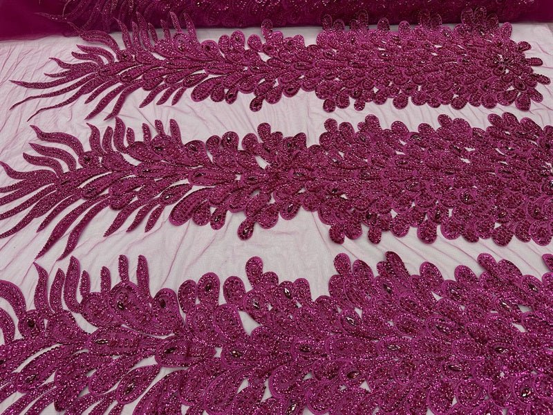 Peacock Feather Embroidered Beaded FabricICE FABRICSICE FABRICSHot Pink12" Length 58" WidePeacock Feather Embroidered Beaded Fabric ICE FABRICS