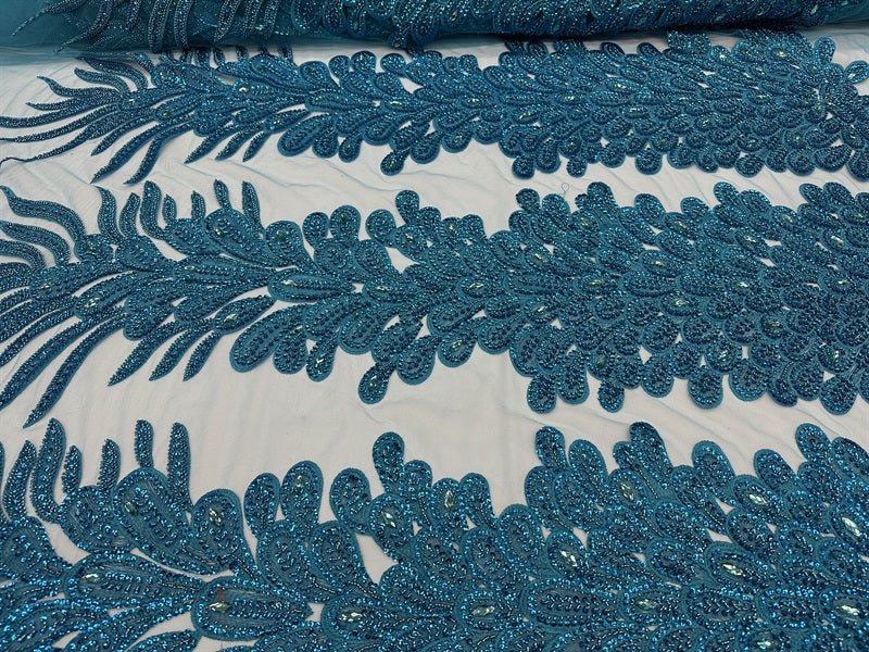 Peacock Feather Embroidered Beaded FabricICE FABRICSICE FABRICSTurquoise12" Length 58" WidePeacock Feather Embroidered Beaded Fabric ICE FABRICS