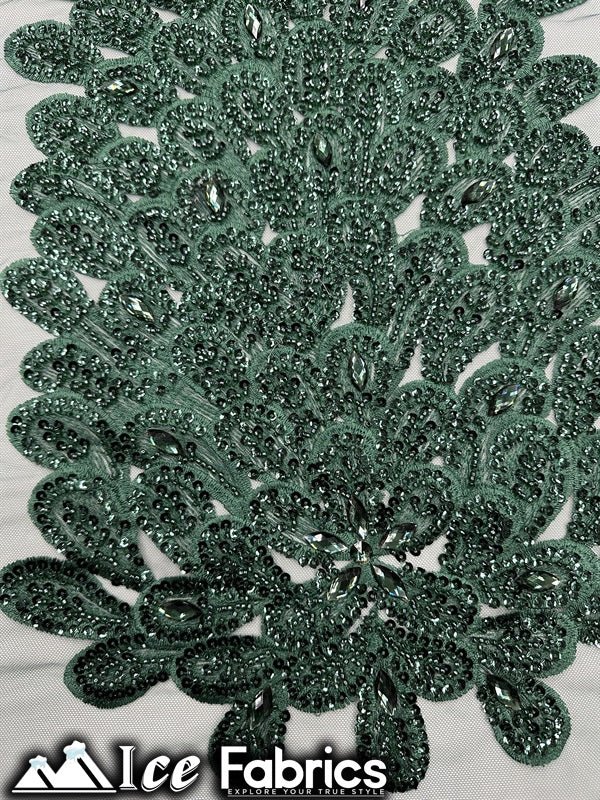 Peacock Feather Embroidered Beaded FabricICE FABRICSICE FABRICSHunter Green12" Length 58" WidePeacock Feather Embroidered Beaded Fabric ICE FABRICS