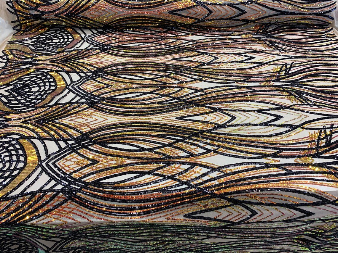 Peacock Iridescent Orange-Black Sequin Fabric on 4 Way stretch MeshICE FABRICSICE FABRICSBy The YardPeacock Iridescent Orange-Black Sequin Fabric on 4 Way stretch Mesh ICE FABRICS