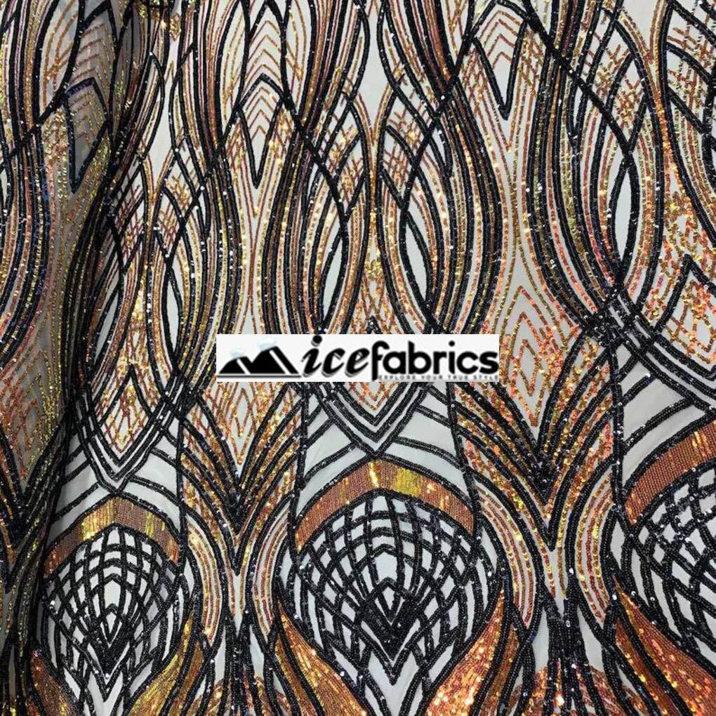 Peacock Iridescent Orange-Black Sequin Fabric on 4 Way stretch MeshICE FABRICSICE FABRICSBy The YardPeacock Iridescent Orange-Black Sequin Fabric on 4 Way stretch Mesh ICE FABRICS